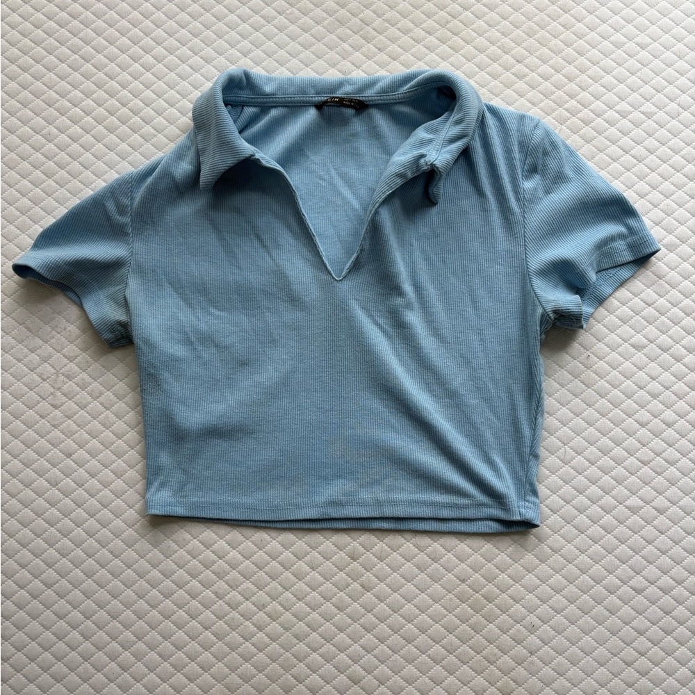 Light Blue Women's Collard Crop Top